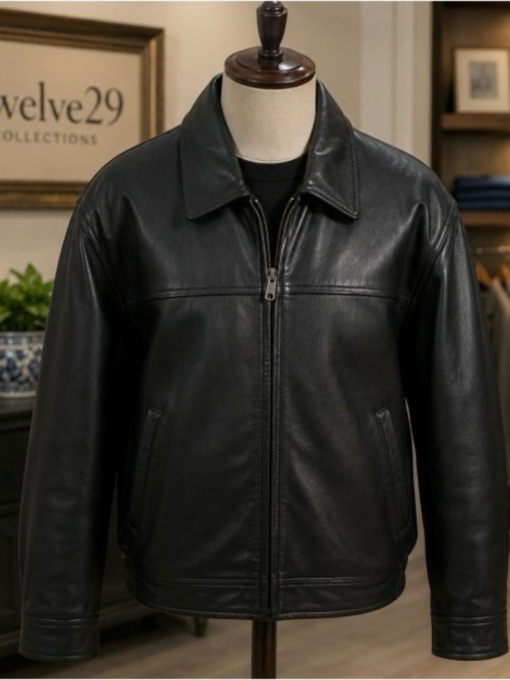 Roundtree & Yorke Mens Genuine Leather Jacket Bomber Black Full Zip Large Lined